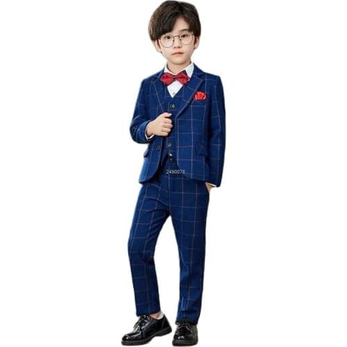 2021 Flower Boys Plaid Blazer Jacket Vest Pants Bowtie Clothing Set Kids Formal Tuxedos Wedding Suit Children Performance Dress
