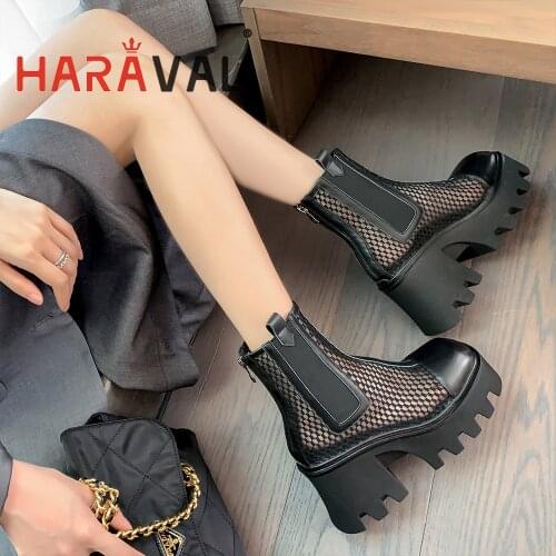 HARAVAL Ankle Martin Boots Thick Bottom Black White Round Toe Hoof Heels Adult Spring Autumn Fashion Y2K Style Platform E45L