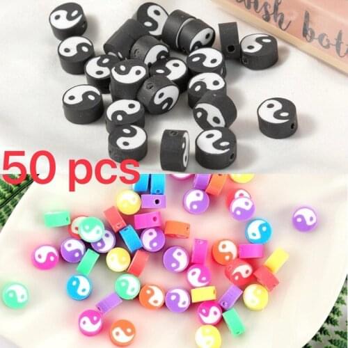 50pcs10mm Black Tai Chi Design Polymer Clay Spacer Loose Beads for Jewelry Making DIY Bracelet Necklace Earrings Accessories