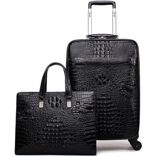 GraspDream New Men Crocodile head layer cowhide luggage sets cabin travel bags on wheels business trolley suitcase with handbag