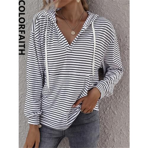 Colorfaith New 2021 Spring Autumn Women Sweatshirts Pullovers Oversized Fashionable Hooded Korean Striped Jumper Tops SS20122AB