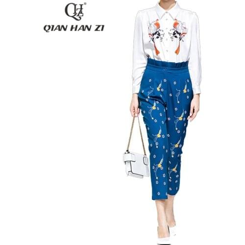 Qian Han Zi fashion runway Women 2-piece set embroidered beaded white long-sleeved shirt+printed blue Ankle-Length Pants Suit