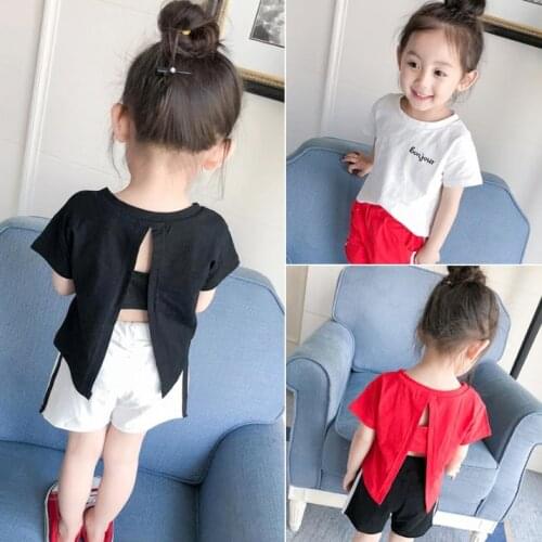 Girls T Shirt Kids Clothes 2019 Summer New Printing Letter Tee Shirt for Girls Baby Loose Back Hollow Short-Sleeved T-Shirt 2-7Y