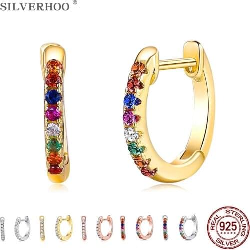 SILVERHOO 925 Sterling Silver Dazzling Gold Color Hoop Earrings For Women Multicolor Crystal Zircon Silver Earrings Fine Jewelry
