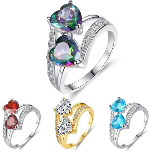 Double Heart Crystal Ring Quality Cubic Zirconia Red Blue Colorful Stones Woman Females Charm Party Engagement Accessory Jewelry