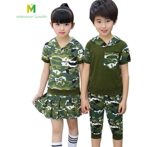 Summer children clothes sets boys cotton T shirt+shorts girls Tess+skirts 3-11T kids camouflage clothing sets child hooded sets