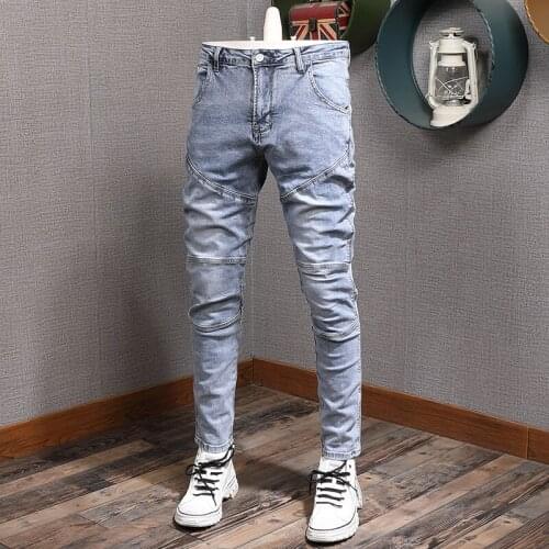 Fashion Men Light Blue Spliced Jeans Biker Mens Slim Fit Pants Cotton Denim Trousers