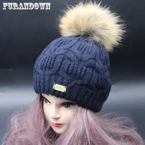2019 New Fashion Women Winter Wool Knitted Hat Female Real Fur Pompom Hat With Lining Outdoor Sport Skullies Beanies For Ladies