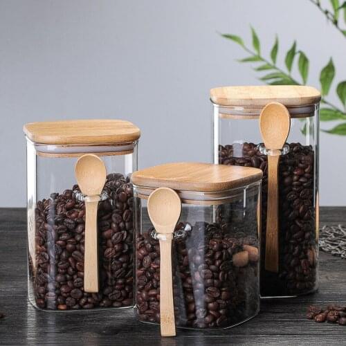 Transparent Sealed Cans Spice Jar with Spoon and Lid Condiment Container Coffee Beans Storage Tank Kitchen Sugar Bottle Tea Box