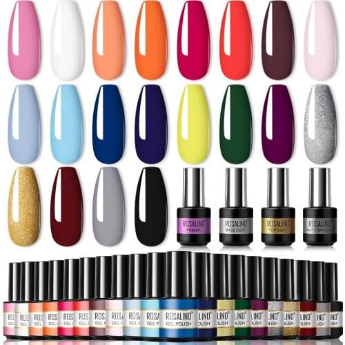 ROSALIND Gel Nail Polish Set 24PCS Soak Off UV LED Semi Permanent Nails Gels Kit Lacquer Nail Art Design Varnish Base Top Coat