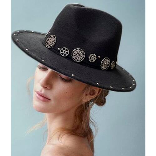 Handmade Punk Fedora Hat Women Men Wide Brim Jazz Church Cap Winter Panama Sun Top Cosplay Hat 2 Size