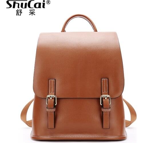 SHUCAI Soft Cowhide Leather Backpack Luxury Design Womens Knapsack For Girls School Bag Daily Casual Ladies Travel Rucksack
