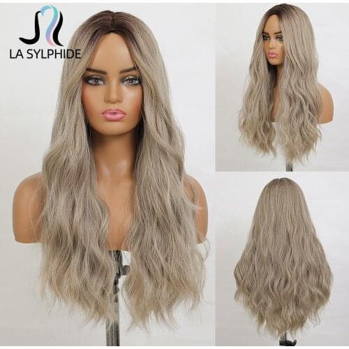 La Sylphide Synthetic Wig Long Wave Root Brown Ombre Gray Ash Gold Hair Wigs for Black White Woman Daily Use Heat Resistant Wigs