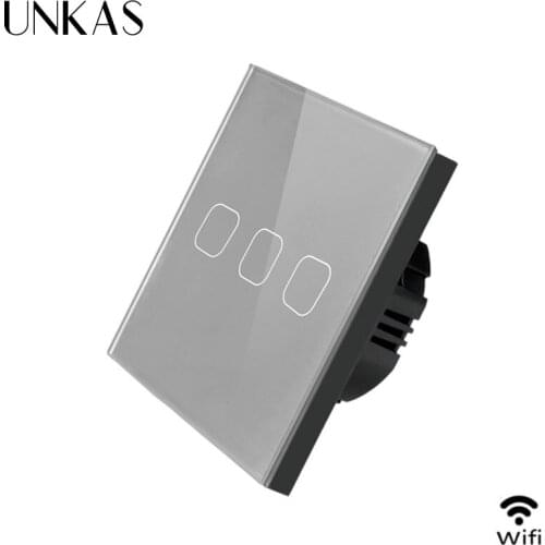 UNKAS Smart Home 1/2/3 Gang 1 Way Wireless WiFi EU Standard Touch Wall Light Switch White Luxury Crystal Glass