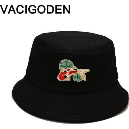 VACIGODEN Women Fashion Bucket Hat 3D Koi Fish Embroidered Sunbonnet Fedoras Outdoor Chapeau Fisherman Caps De Pescador Gorros
