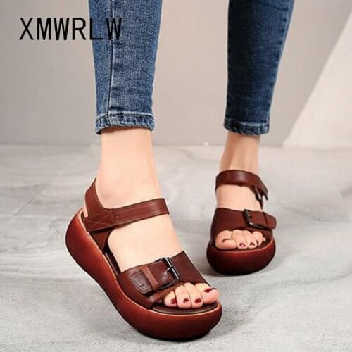 XMWRLW Womens Sandals 2020 Summer Genuine Leather Thick Sole Ladies Retro Sandal High Heels Sandals For Woman Summer Shoes