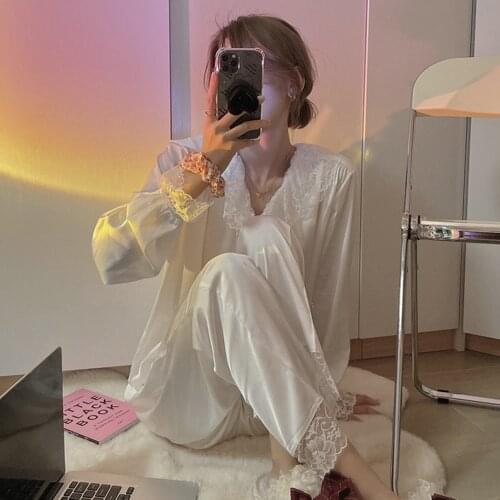 Fdfklak Women Sleepwear Satin Silk 2Piece Home Suit Pijama Femme Pajama Sets Underwear Spring Summer Lace Sexy Pyjamas