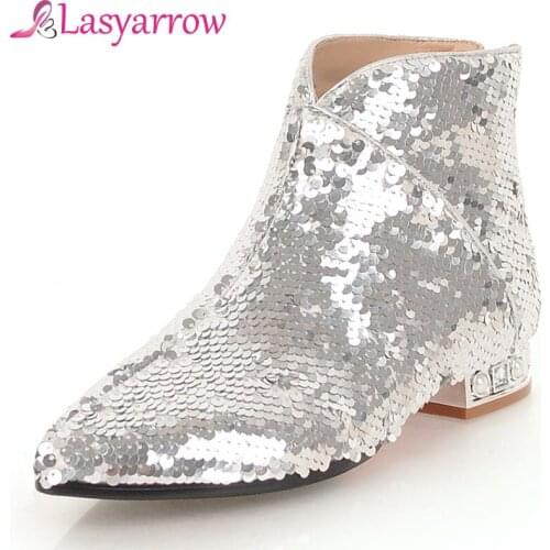 Lasyarrow 2018 new arrive women boots pointed toe zipper ladies boots bling chunky heel ankle boots elegant plus size women shoe