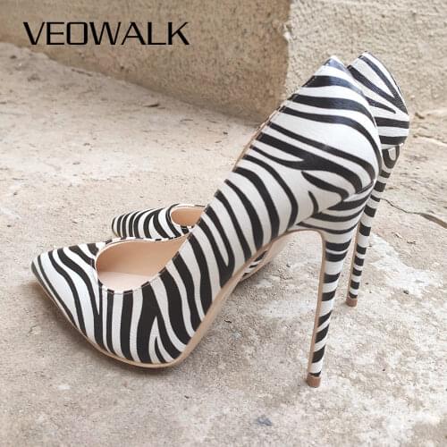Veowalk Zebra Printed Women Stilettos Extremely High Heels Ladies Pointed Toe Pumps Low Cut Slip on Chic Italian Party Shoes