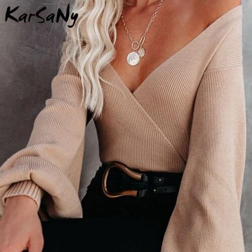 Womens Sweater Jumper Knitted Lantern Sleeve Pullover Deep V Neck Winter Clothes Women Office Elegant Black White Sweaters Slim