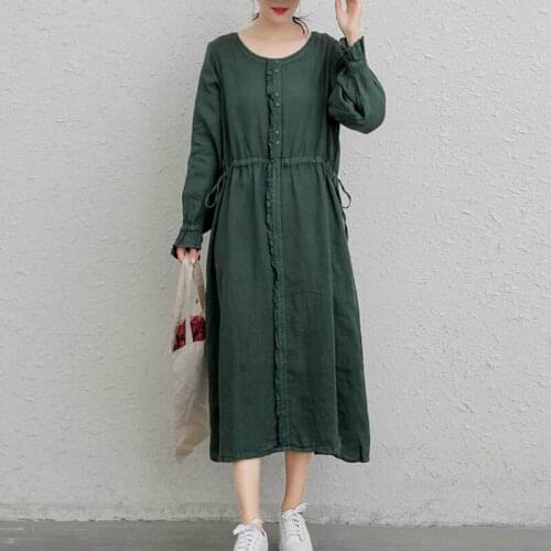 Johnature New Vintage Women Linen Loose Dresses 2021 Autumn Solid Color O-neck Full Sleeve Single-breasted Tie Female Dress
