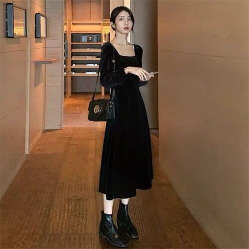 Women Puff Sleeve Midi Dress Autumn New Elegant Vintage A-line Vestidos Winter Square Neck Dresses Plus Size S-5XL 6XL