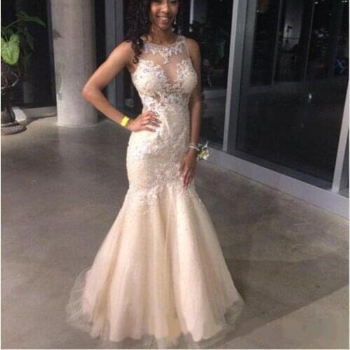 Modest Design Champagne Mermaid Wedding Dresses Sheer O Neck Lace Appliques Sleeveless Illusion Bridal Gowns Plus Size