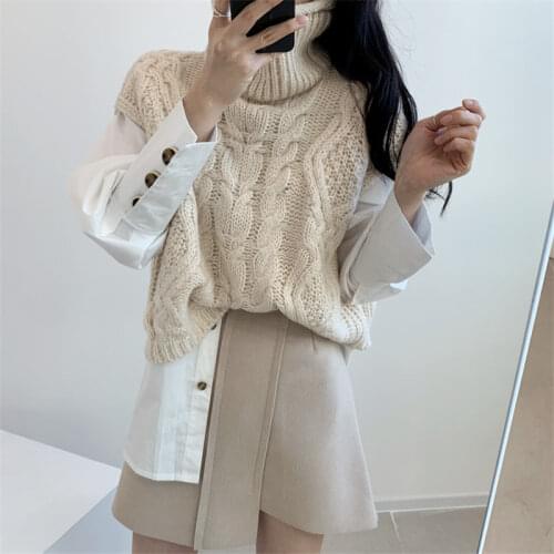Hot Gentle Knitted Turtleneck Twisted Sleeveless Sweet All Match 2021 Chic Thin Vest Loose Women Cute Waistcoats