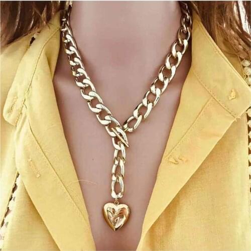 2020PunkThick ChainCurve ButtonGold NecKLACE Heart Pendant NecklineFemale Male Retro MinimalGeometrical Statement Chain NecKLACE