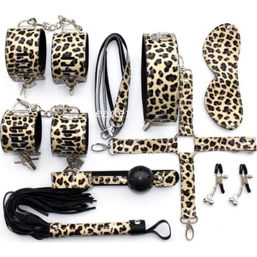 8pcs/set Leopard Sex Bondage Products Suit Contains Handcuffs Shackle Mouth Gag Whip Blinder Neck Collar for Couples PG0162