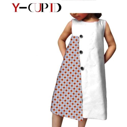African Clothes for Kids Bazin Riche Baby Girls Button Patchwork Ankara Print Dresses Custom Cotton Children Outfits YA724507