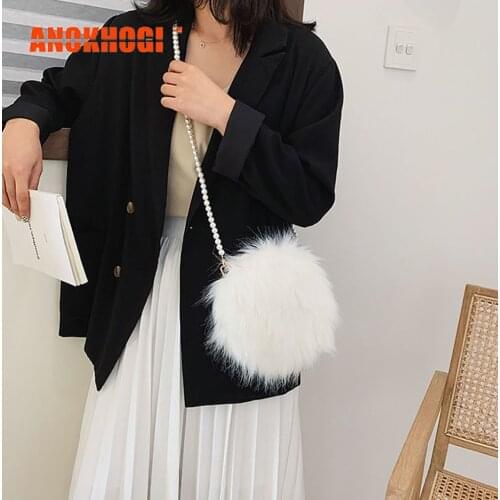 ANOKHOGI Female Round Plush Pearl Chains Shoulder Bag Pure Color Cute Style Handbag zx136