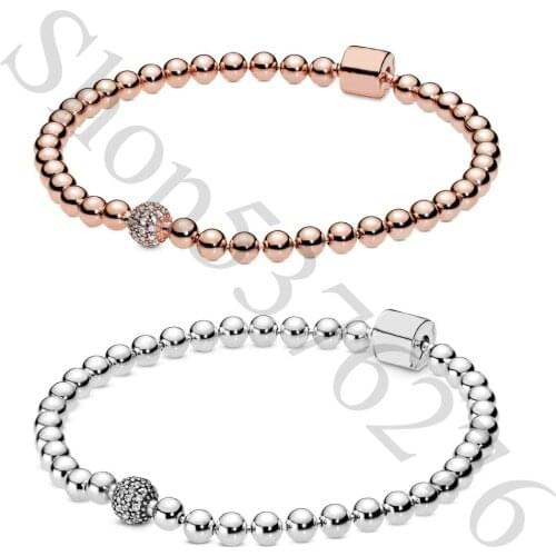 Authentic 925 Sterling Silver Moments Beads & Pave Fashion Bracelet Fit Pandora Women Bead Charm Bangle Gift DIY Jewelry