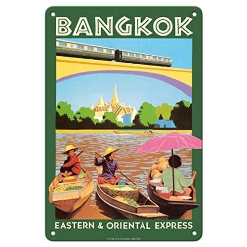 Bangkok Thailand - Floating Market - Eastern Oriental Express - Railroad Metal Tin Sign