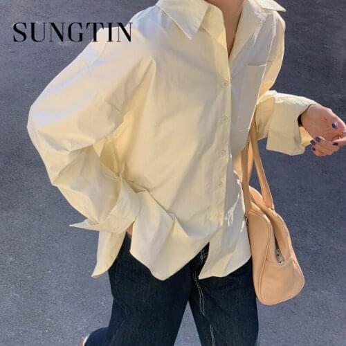 Sungtin Elegant Pink Blouses Shirt Women Vintage Loose Korea Casual Shirts Female Sweet Soft Office Lady Oversized Tops 4 Colors