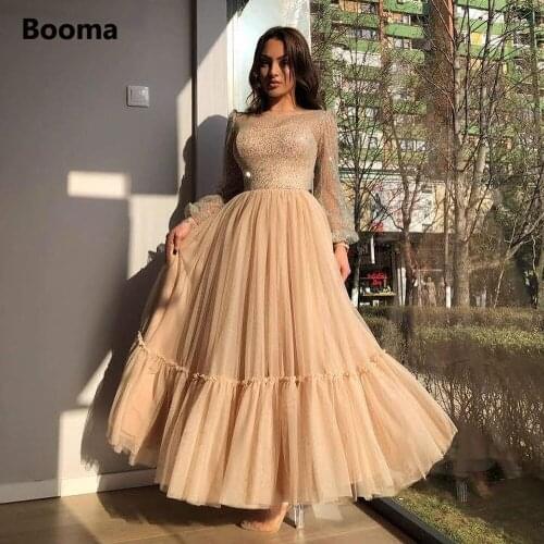 Booma Modest Champagne Prom Dresses Long Sleeves O-Neck Glitter Top Prom Gowns Ankle-Length Tiered Tulle Formal Party Dresses