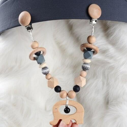 Baby Teether Stroller Pendant Pacifier Chain Rattle Pram Clip Wooden Animal Toy
