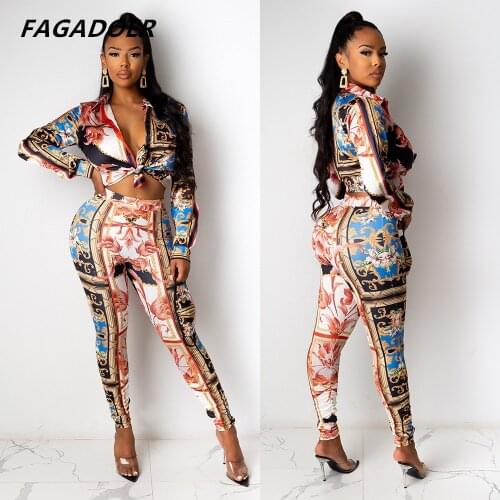 Fagadoer Elegant Office Lady Set Fall Clothes For Women Vintage Prints Long Sleeve Shirt And Skinny Pants 2 Piece Streetwear