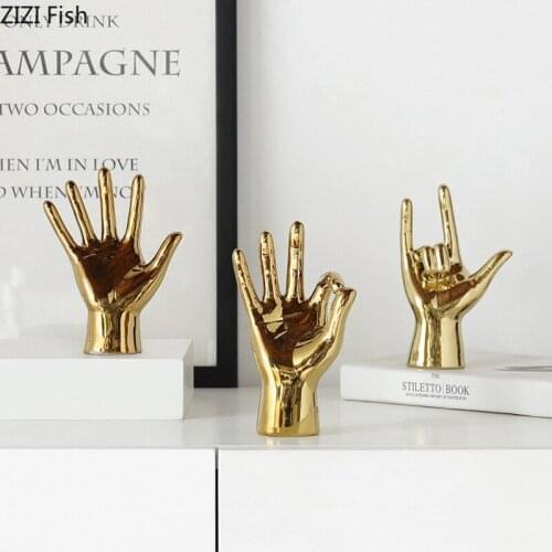 Golden Hand Gesture Ceramic Statue Ornaments Fist Slap Sculpture Living Room Decoration Furnishings Nordic Home Decor Modern
