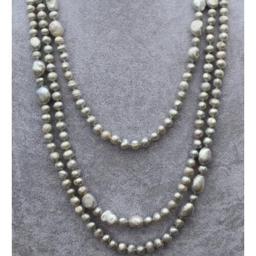 Classic Favorite Pearl Wedding Necklace 68 inches 6-10mm Gray Genuine Freshwater Pearl Handmade Fine Jewelry Women Gift