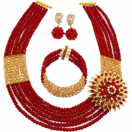 Fashion Opaque Red Gold AB Multi Strands Beads Necklace Sets Nigerian Wedding African Beads Jewelry Set Crystal 6-SS03