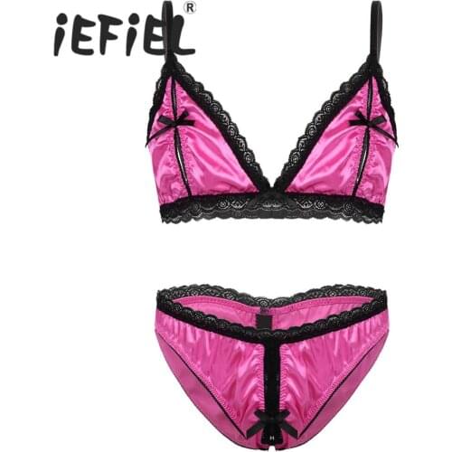 IEFiEL Mens Sissy Night Underwear Silky Satin Lace Trim Lingerie Set Deep V Neck Nipple Splits Bra Top with Crotchless Briefs