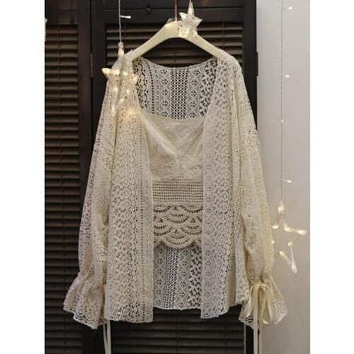 Lace Hollow Out Knitted Women Shirts Summer Vintage 2021 Flare Sleeved Loose Casual All Match Female Outwear Coats Tops