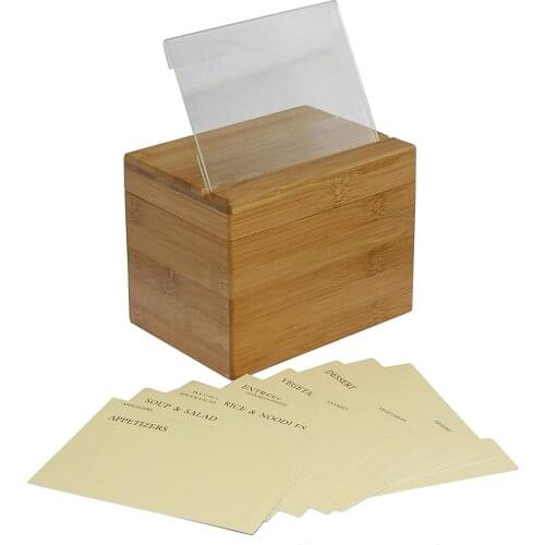 Kitchen Wooden Recipe Box With 50pcs Cards Holder Slot On The Top Retro Practical Bamboo Wood Case Card Storage Box