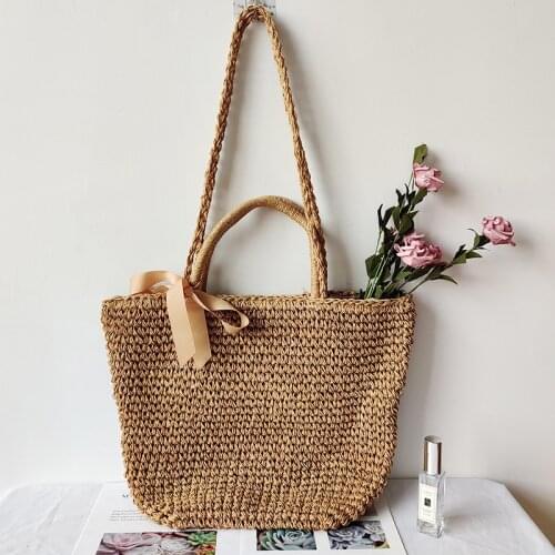 Fashion Women Summer Straw Weave Shoulder Bags Beach Vacation Lady Bow Design Bucket Handbag Casual Shopping Crossbody Totes
