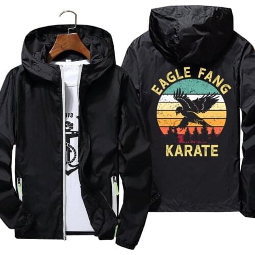 Mens Eagle Fang Karate Cobra Kai Movie Inspired Casual Thin Reflective Sunscreen Windbreaker Skin Coat Zipper Hooded Jacket 7XL