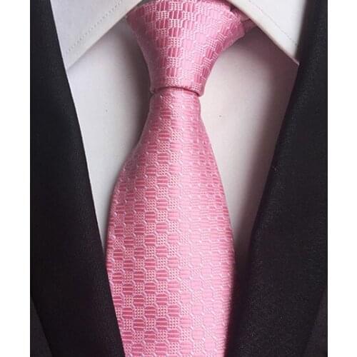 8cm Men Woven Tie Wedding Party Pink Necktie with Geometric Plaids