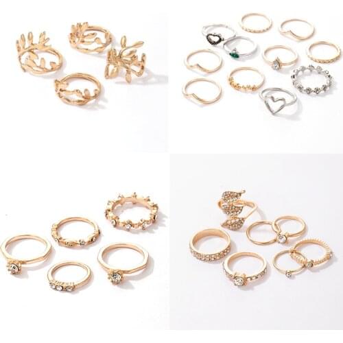 HuangTang Statement Heart Crystal Rings Sets for Women Girls Boho Sivler Gold Alloy Metal Joint Rings Charmings Jewelry Party