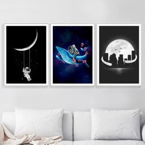 Nordic Abstract Astronaut Wall Art Poster Modern Moon Ship Whale Canvas Painting Black Picture Home Decor for Childrens Room