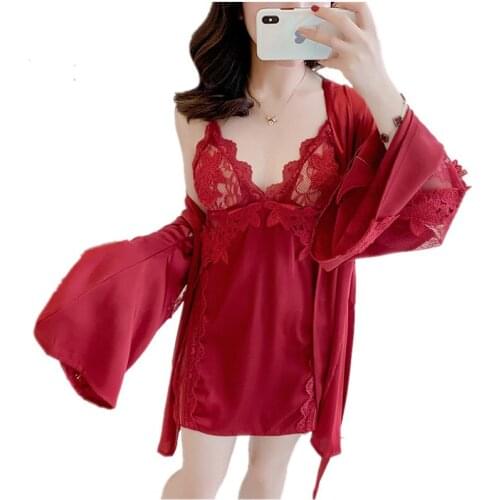 Embroidery Nightwear Silk Satin Bathrobe Set Sling Sleep Dress Womens Sleepwear Sexy Robe Lace Nightdress Nightgown Homewear